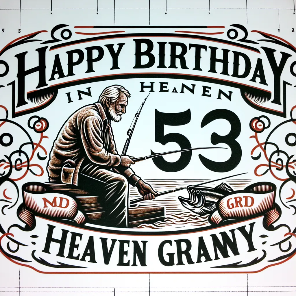 Happy 53rd Birthday In Heaven Granny with Fisherman Illustration Cartoon Style