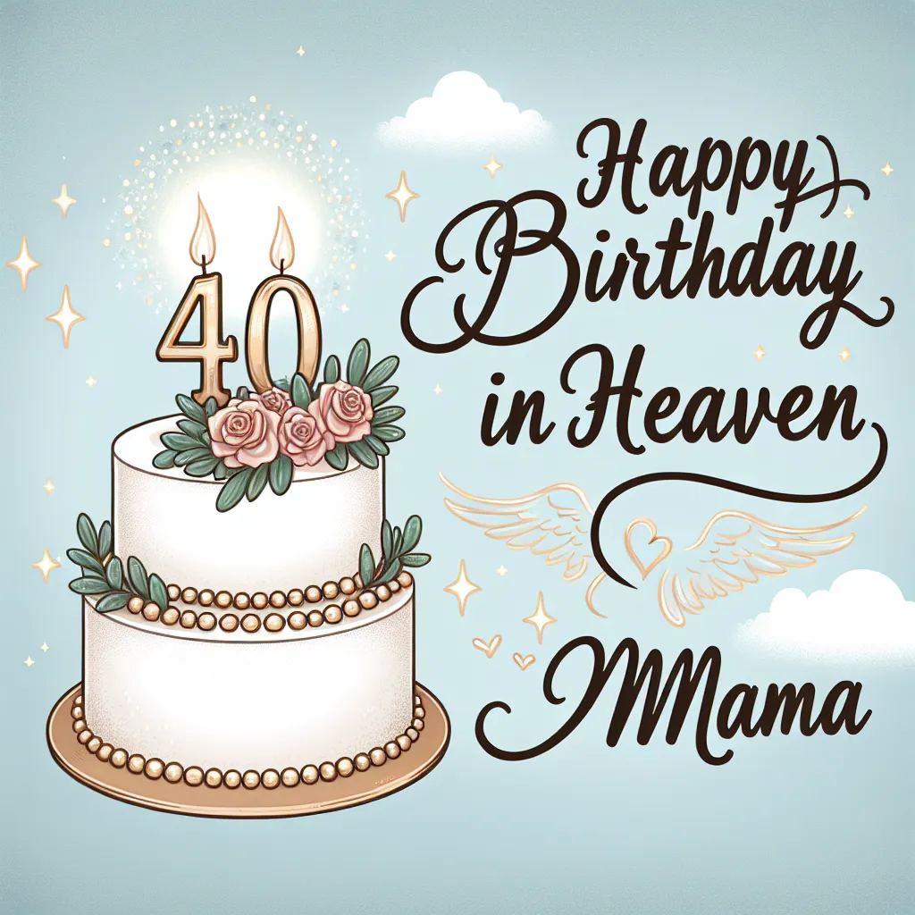 Happy 40th Birthday In Heaven Mama with Cake Illustration Cartoon Style