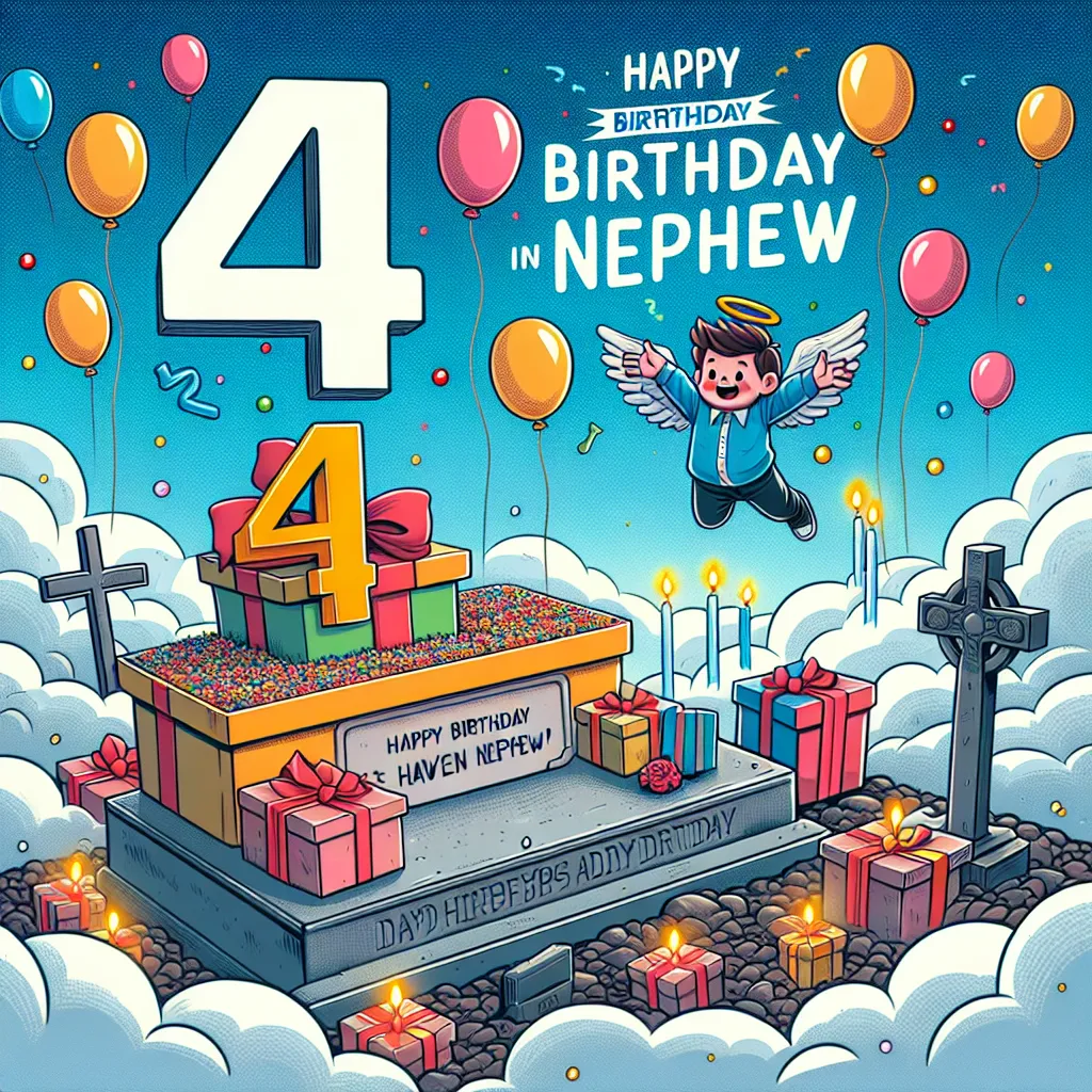 Happy 4th Birthday In Heaven Nephew with Gift Illustration Cartoon Style