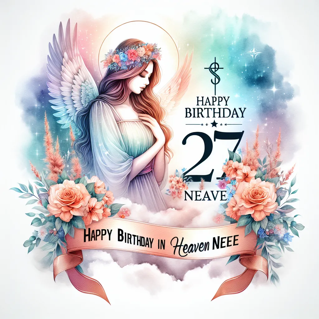 Happy 27th Birthday In Heaven Niece with Ribbon Watercolor Style