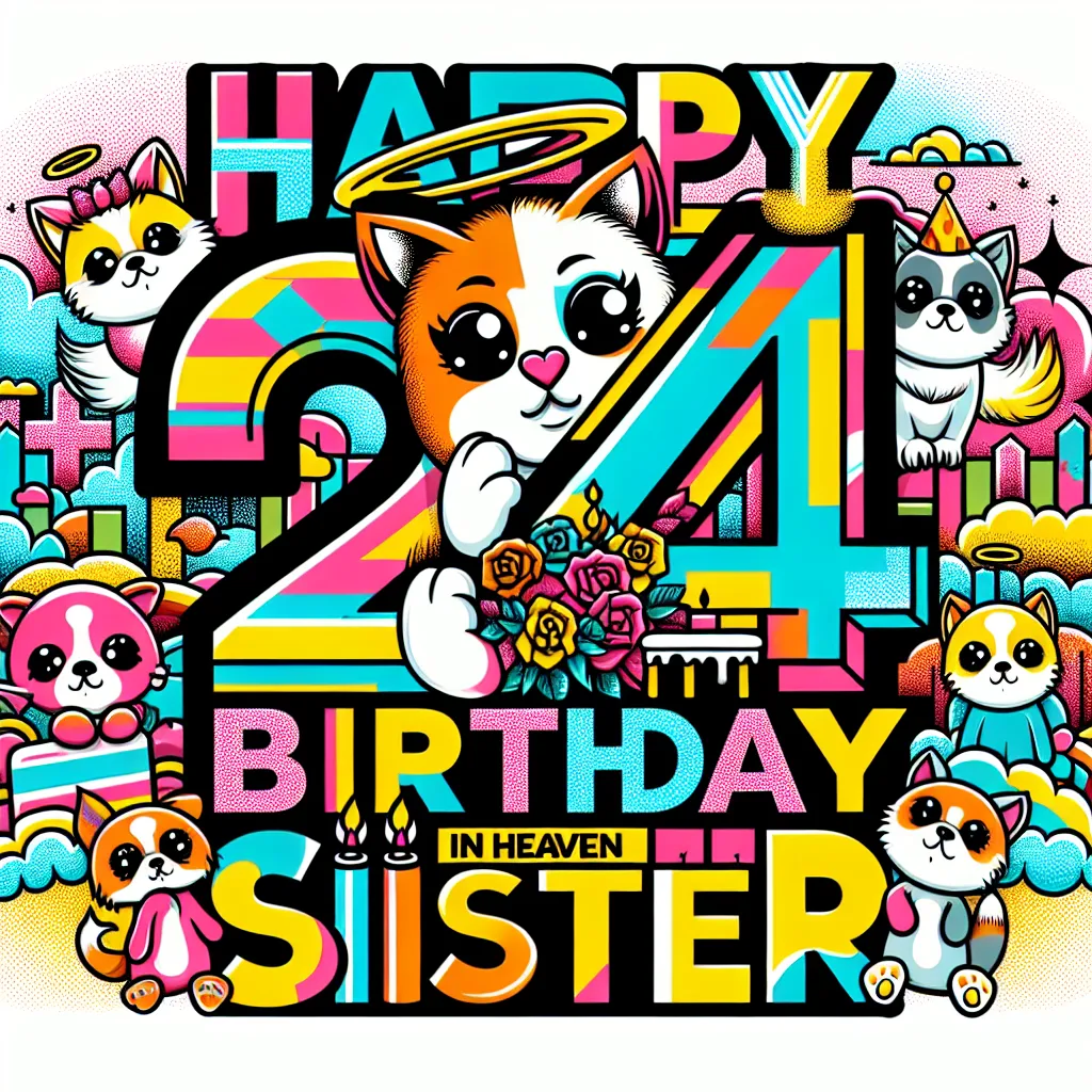 Happy 24th Birthday In Heaven Sister with Cute Animals Pop Art Style