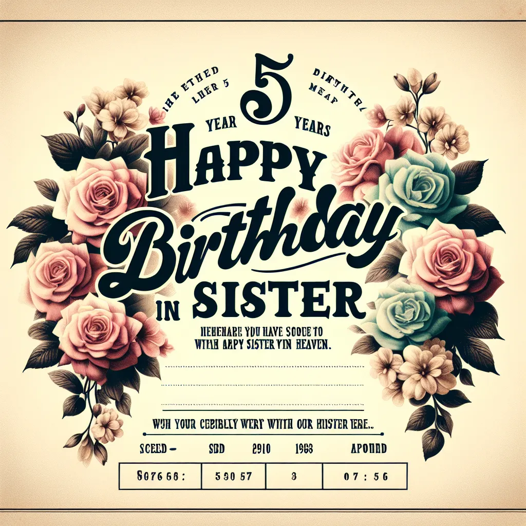 Happy 5th Birthday In Heaven Sister with Flowers Vintage Nostalgic Style