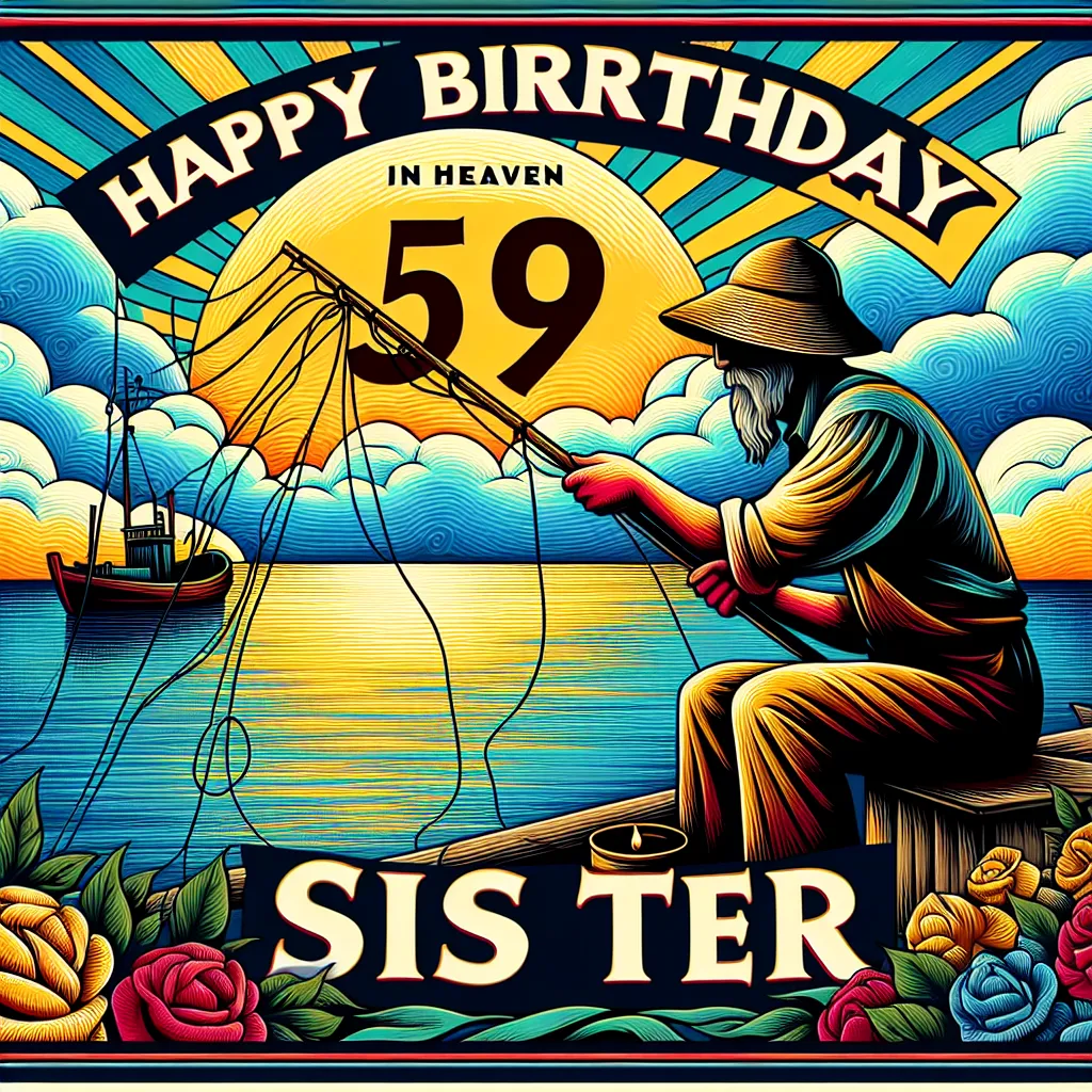 Happy 59th Birthday In Heaven Sister with Fisherman Pop Art Style