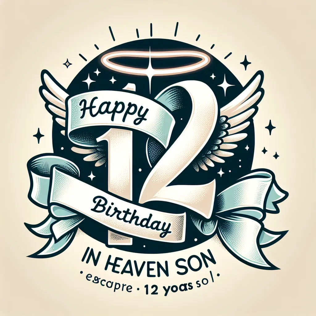 Happy 12th Birthday In Heaven Son with Ribbon Illustration Cartoon Style