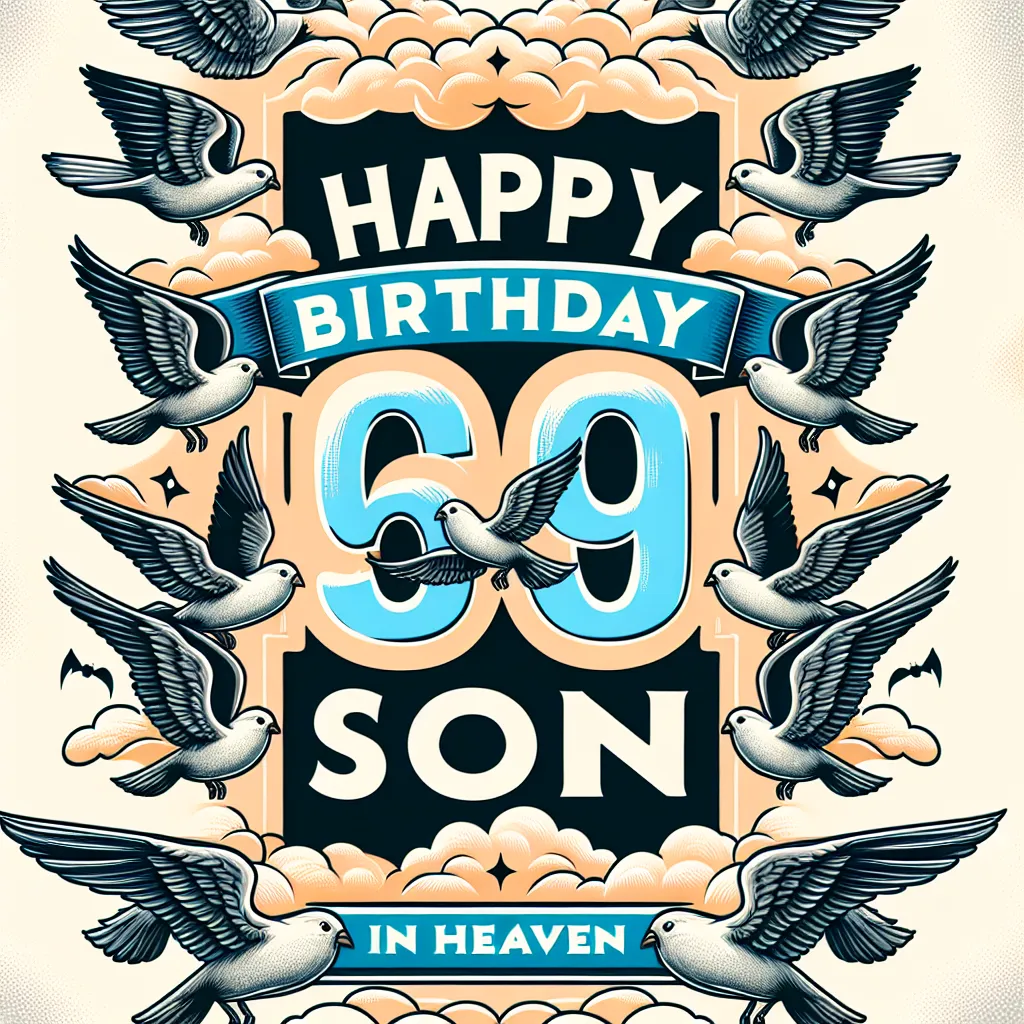 Happy 69th Birthday In Heaven Son with Birds Illustration Cartoon Style