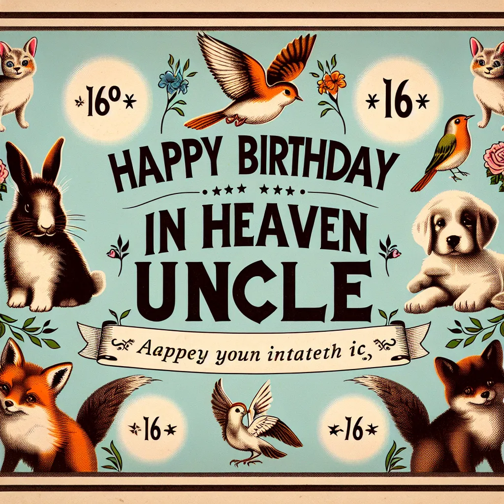 Happy 16th Birthday In Heaven Uncle with Cute Animals Vintage Nostalgic Style