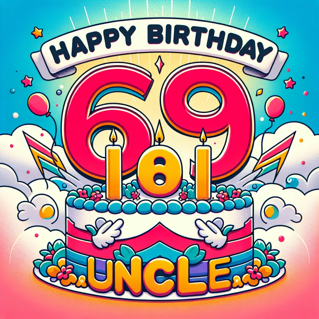 Happy 69th Birthday In Heaven Uncle with Cake Illustration Cartoon Style