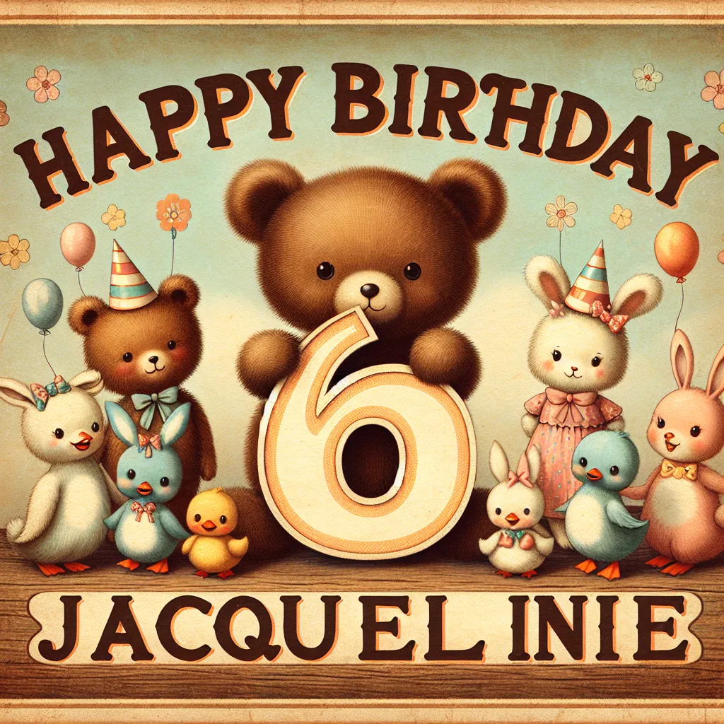 Happy 6th Birthday Jacqueline with Cute Animals Vintage Nostalgic Style