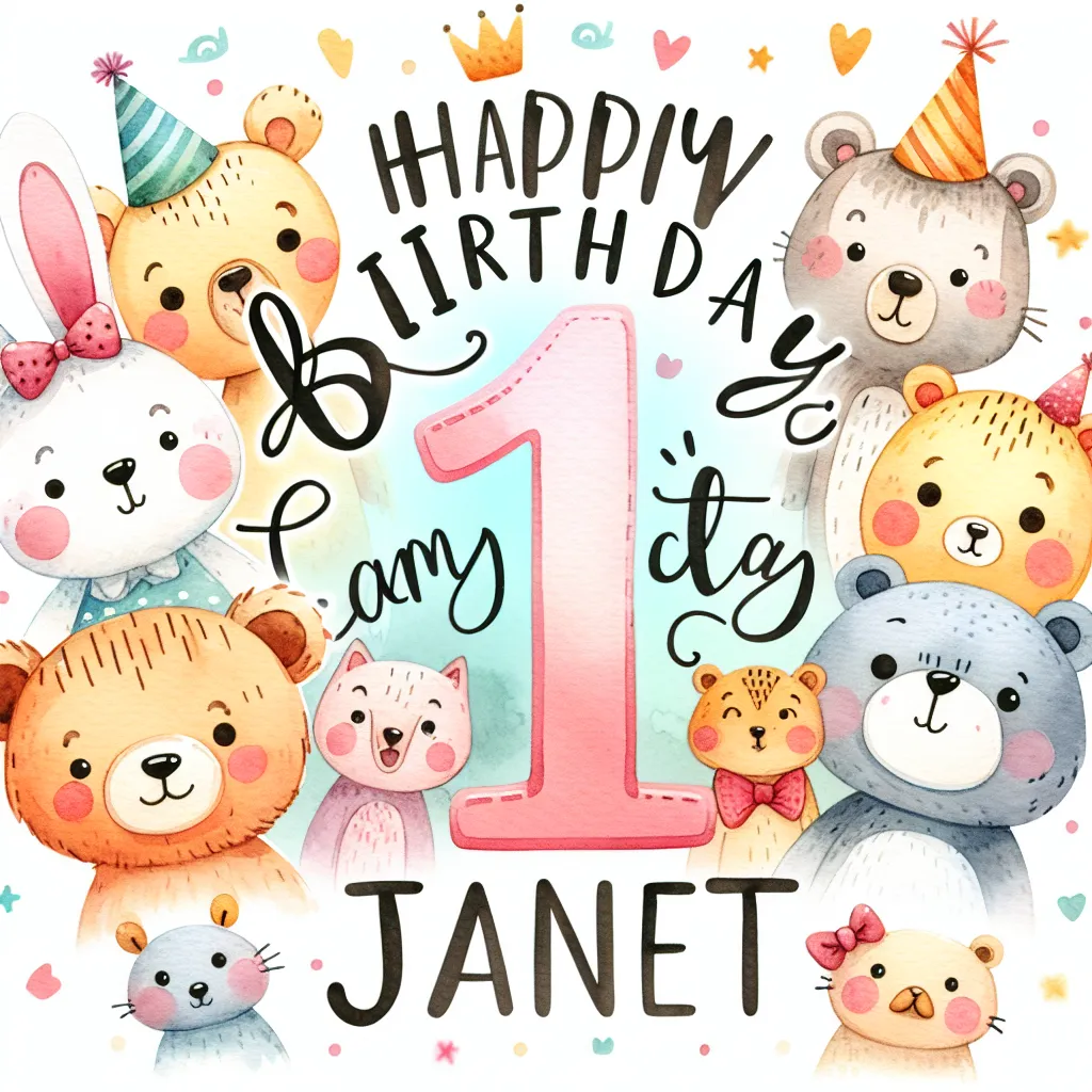 Happy 11th Birthday Janet with Cute Animals Watercolor Style