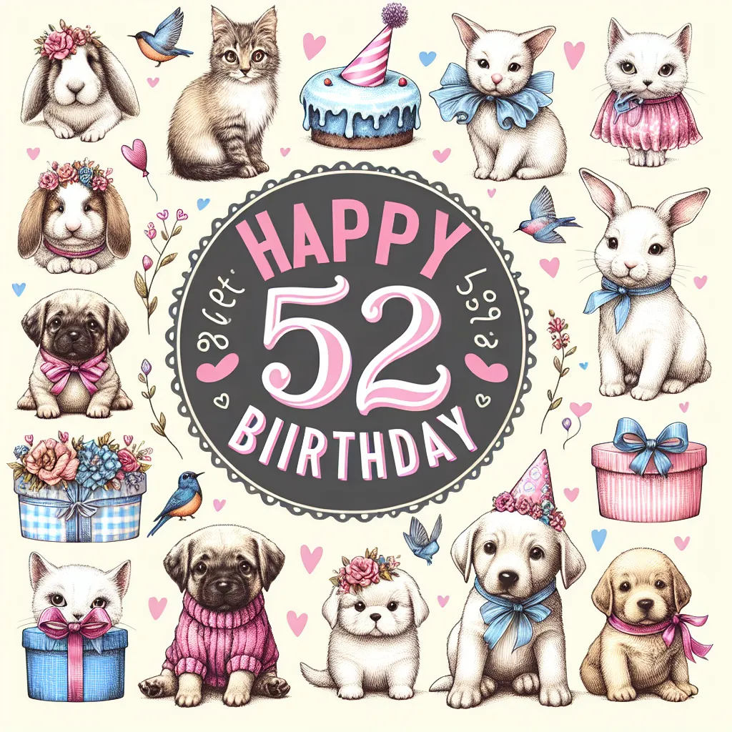 Happy 52nd Birthday Janice with Cute Animals Handcrafted DIY Style
