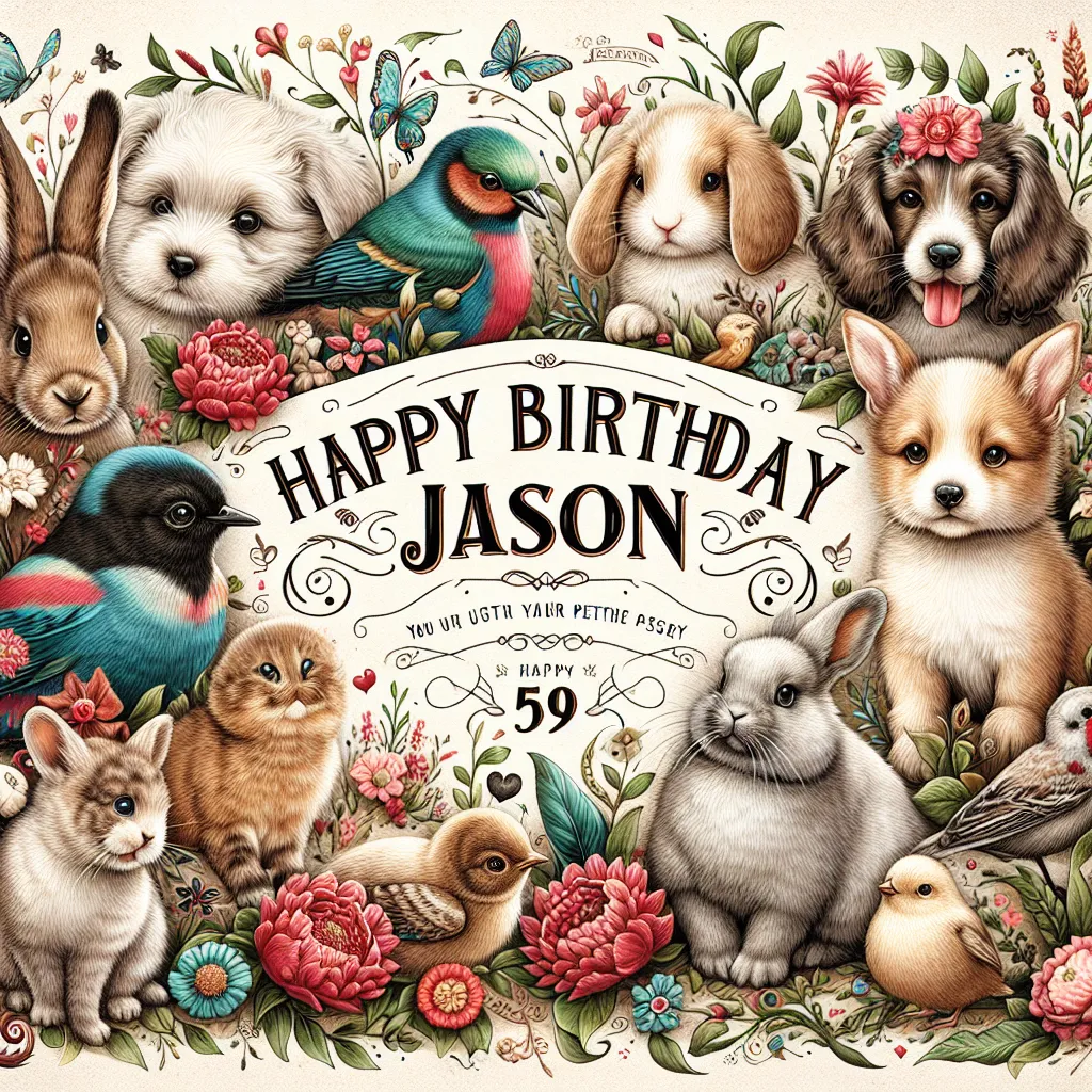 Happy 59th Birthday Jason with Cute Animals Nature Floral Style