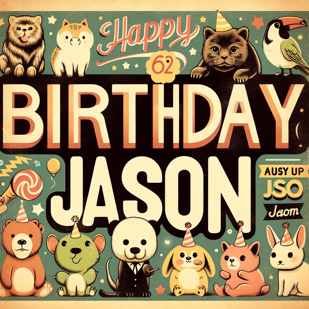 Happy 62nd Birthday Jason with Cute Animals Vintage Nostalgic Style