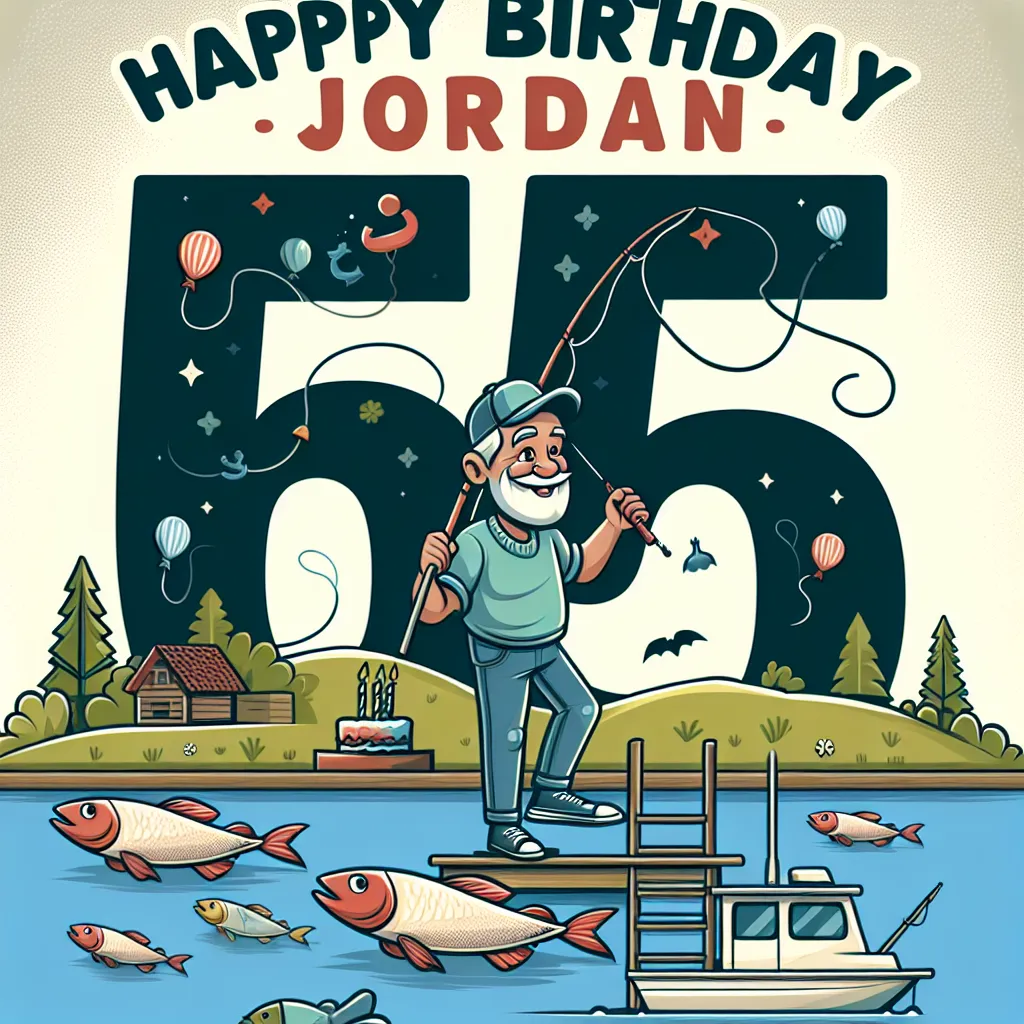 Happy 65th Birthday Jordan with Fisherman Illustration Cartoon Style