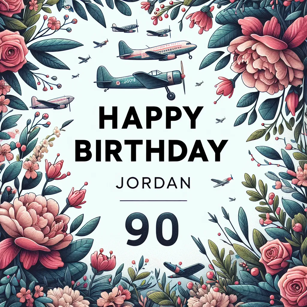Happy 90th Birthday Jordan with Airplanes Nature Floral Style