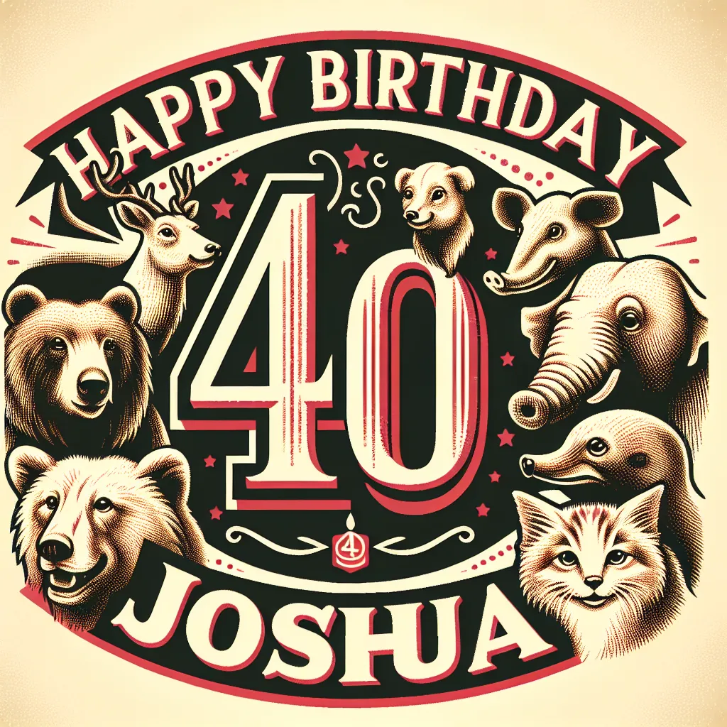 Happy 40th Birthday Joshua with Cute Animals Vintage Nostalgic Style
