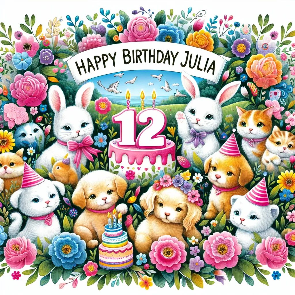 Happy 12th Birthday Julia with Cute Animals Nature Floral Style