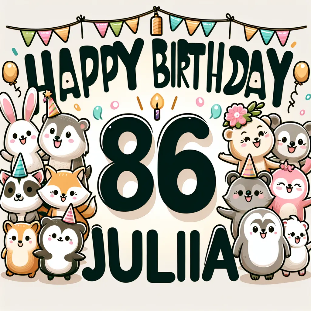 Happy 86th Birthday Julia with Cute Animals Illustration Cartoon Style