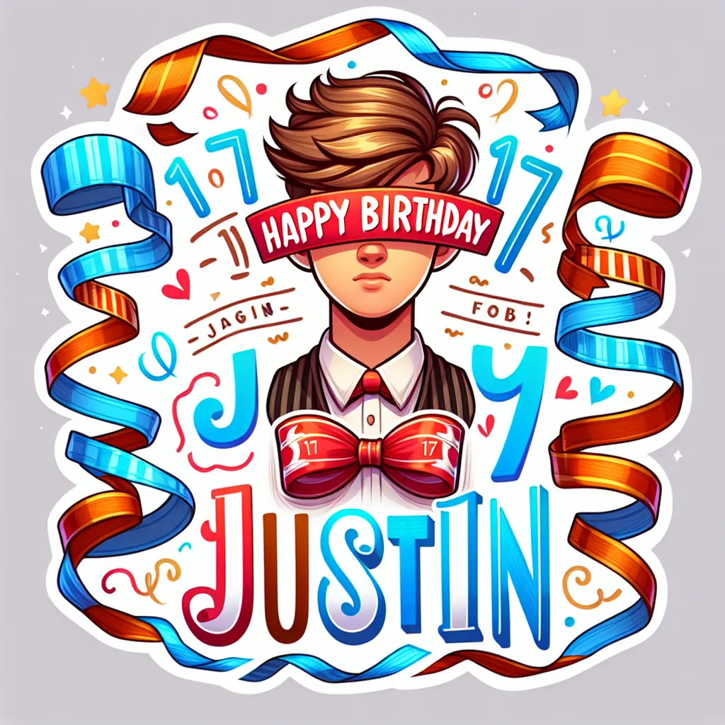 Happy 17th Birthday Justin with Ribbon Illustration Cartoon Style