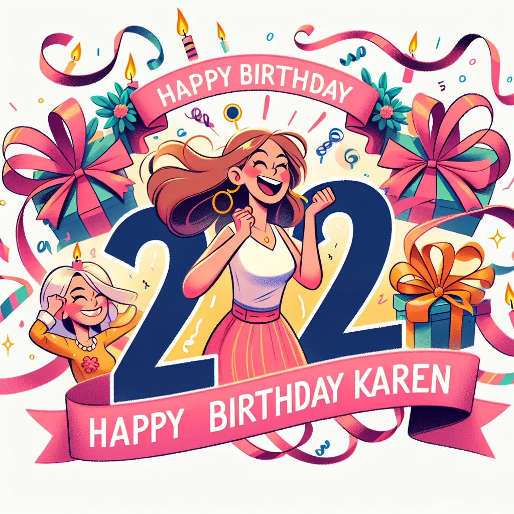 Happy 22nd Birthday Karen with Ribbon Illustration Cartoon Style