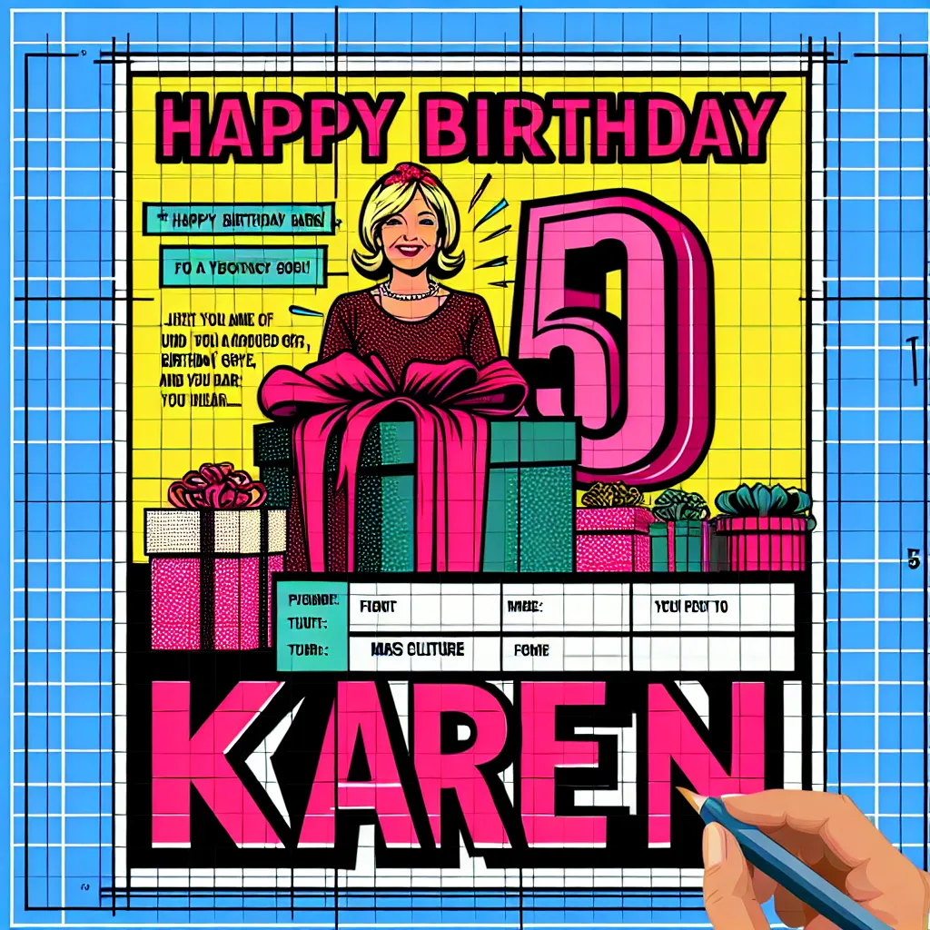 Happy 50th Birthday Karen with Gift Pop Art Style