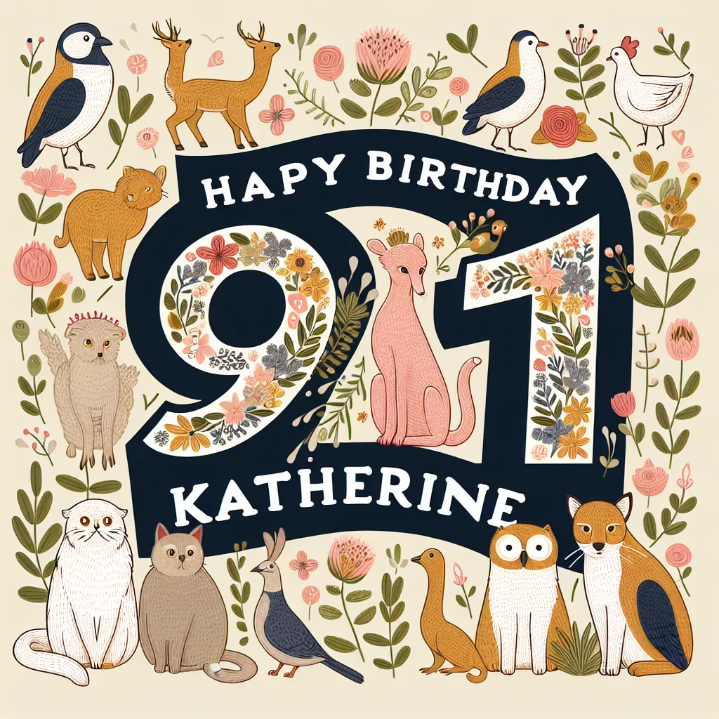 Happy 91st Birthday Katherine with Cute Animals Nature Floral Style