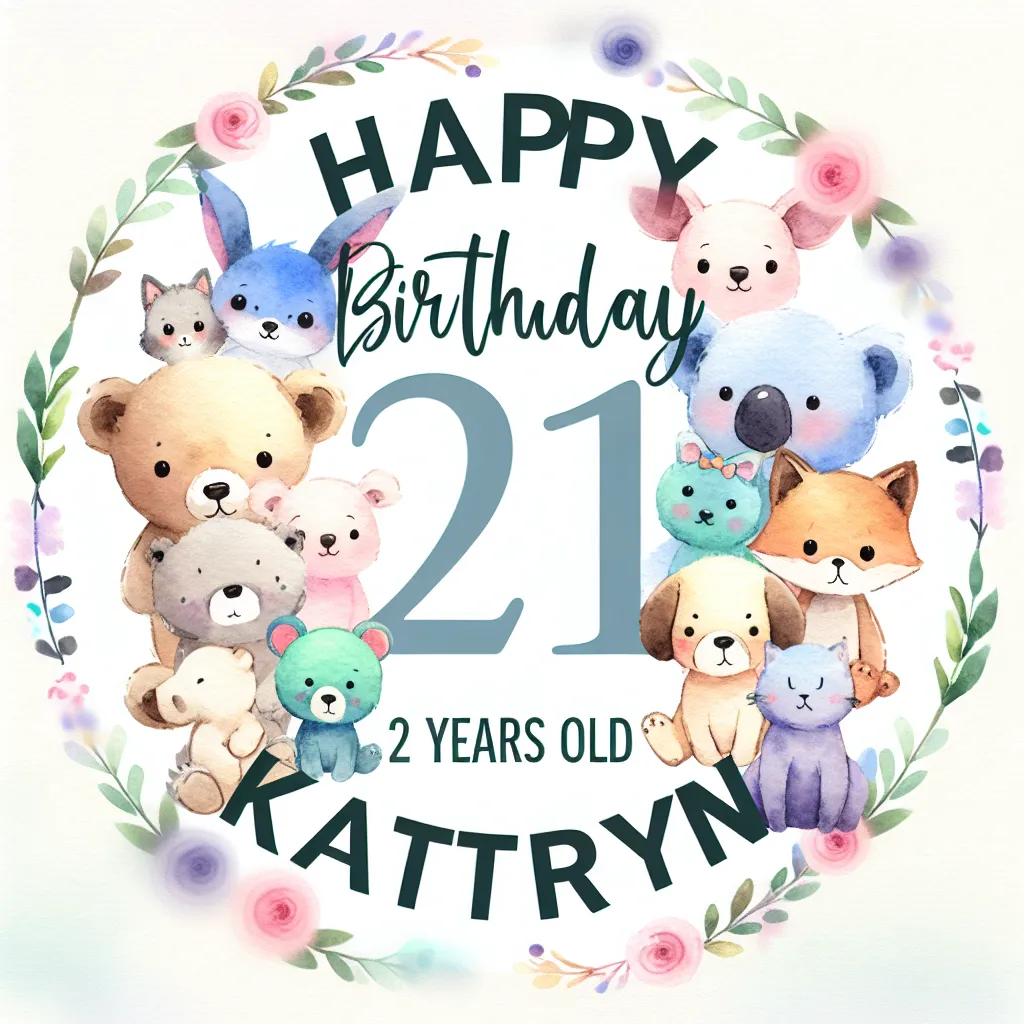 Happy 21st Birthday Kathryn with Cute Animals Watercolor Style