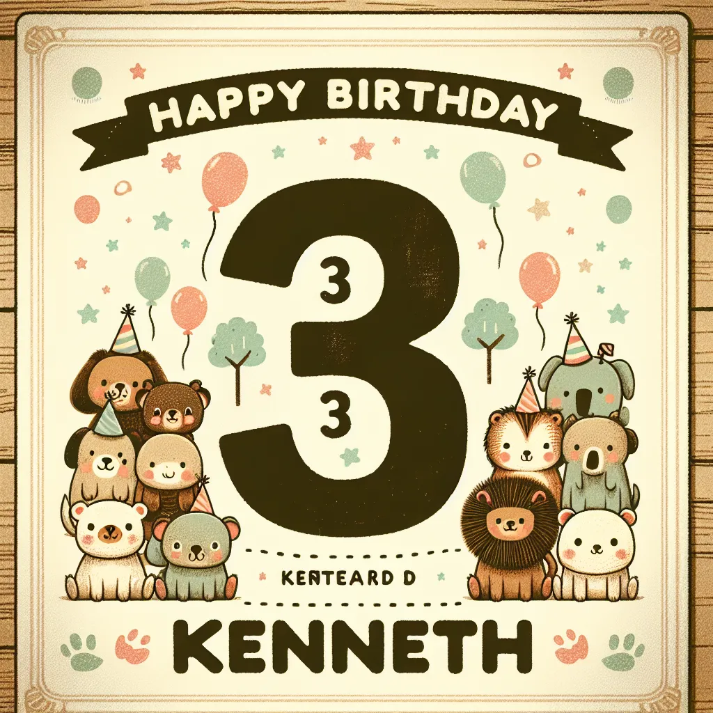 Happy 3rd Birthday Kenneth with Cute Animals Vintage Nostalgic Style