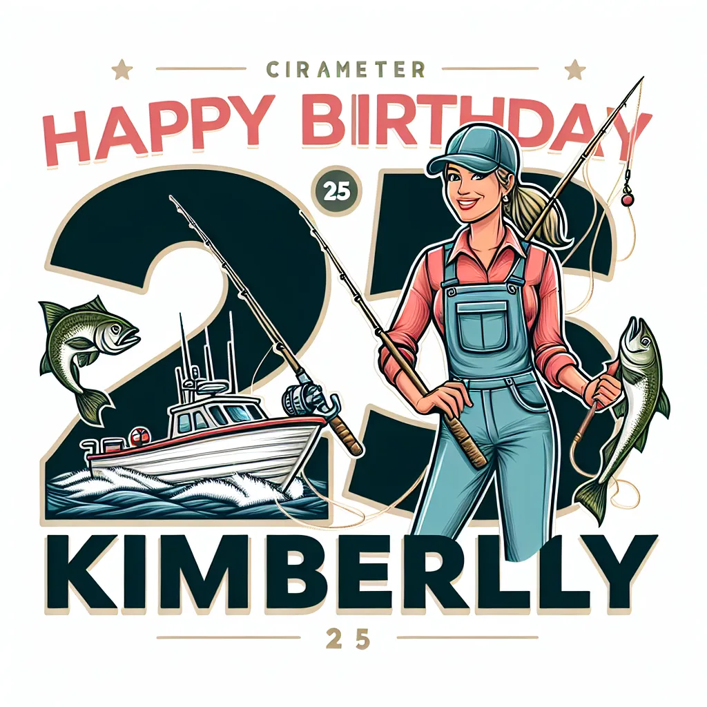 Happy 25th Birthday Kimberly with Fisherman Illustration Cartoon Style