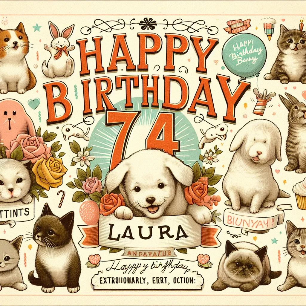 Happy 74th Birthday Laura with Cute Animals Vintage Nostalgic Style