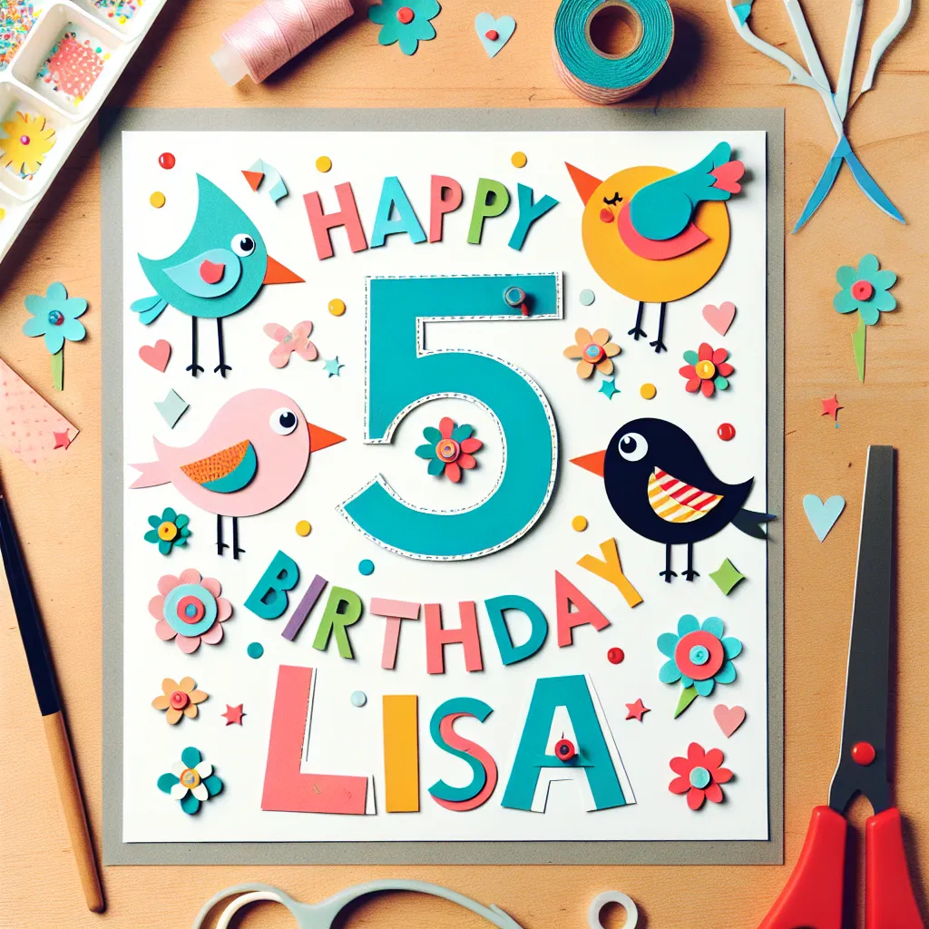 Happy 5th Birthday Lisa with Birds Handcrafted DIY Style