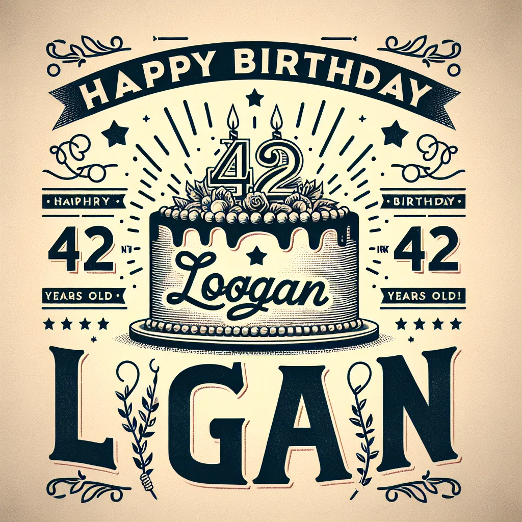 Happy 42nd Birthday Logan with Cake Vintage Nostalgic Style
