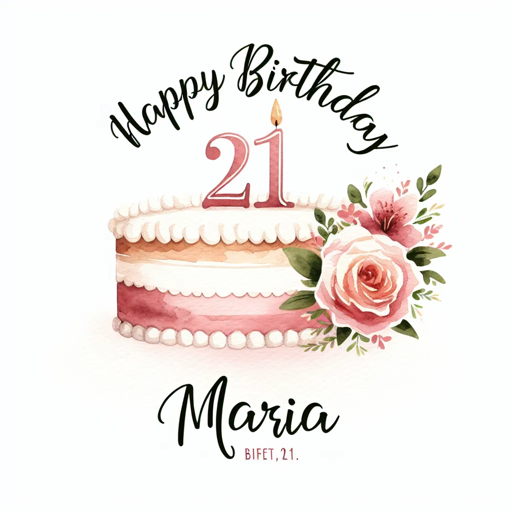 Happy 21st Birthday Maria with Cake Watercolor Style