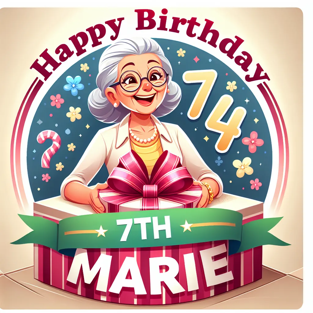 Happy 74th Birthday Marie with Gift Illustration Cartoon Style