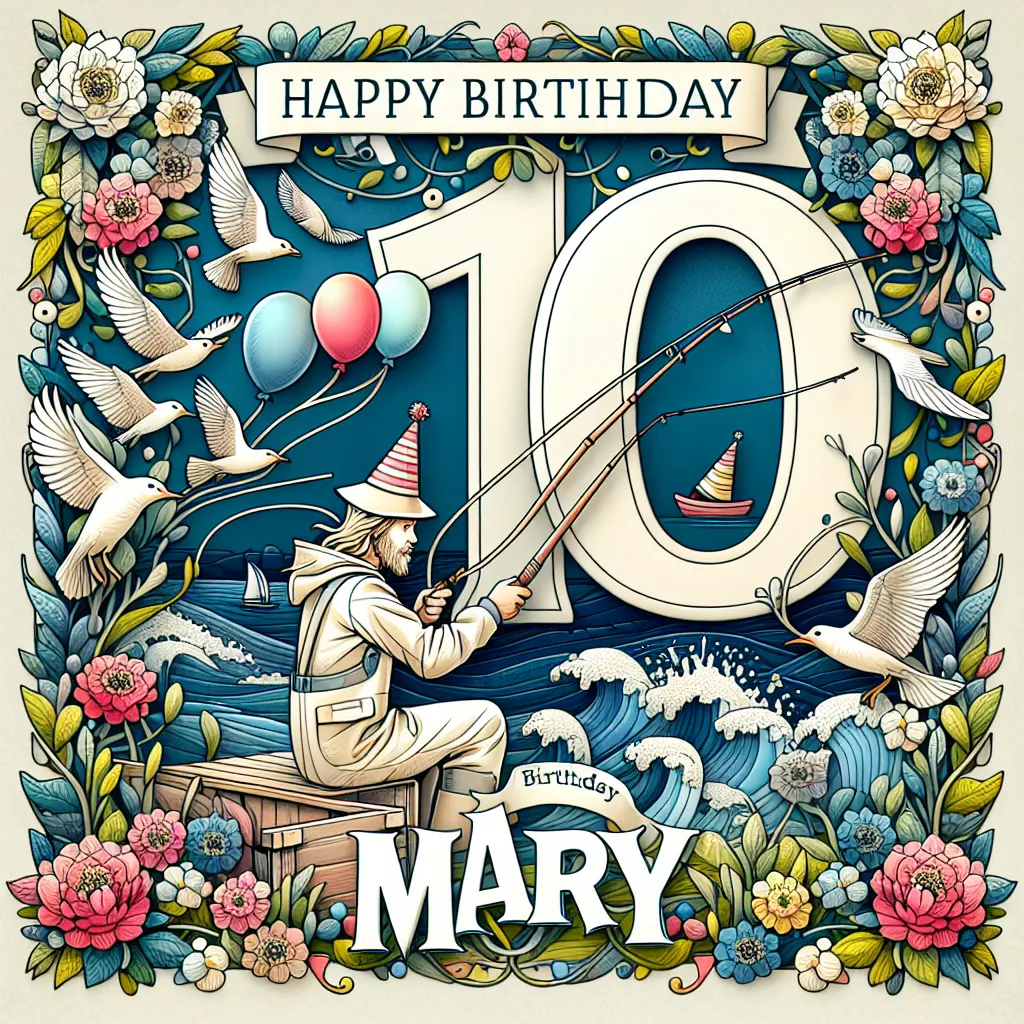 Happy 10th Birthday Mary with Fisherman Nature Floral Style