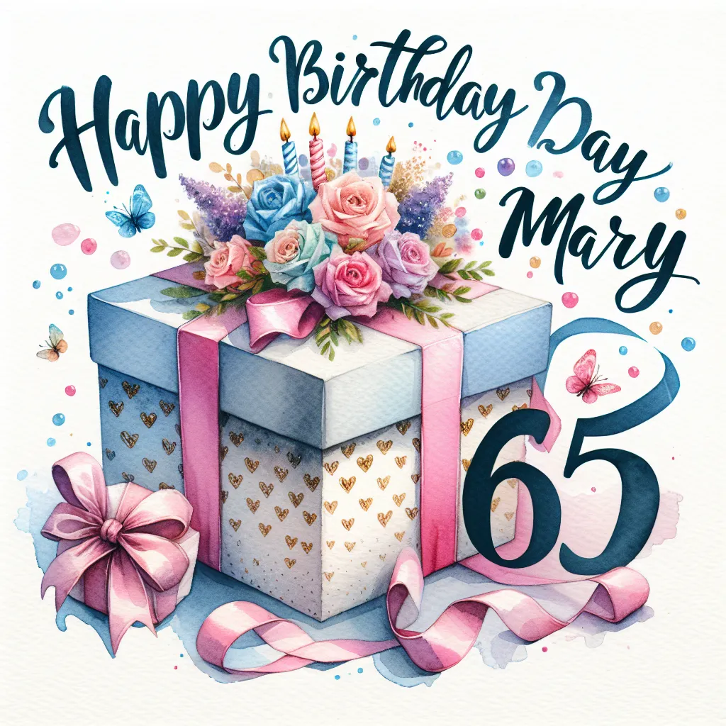 Happy 65th Birthday Mary with Gift Watercolor Style