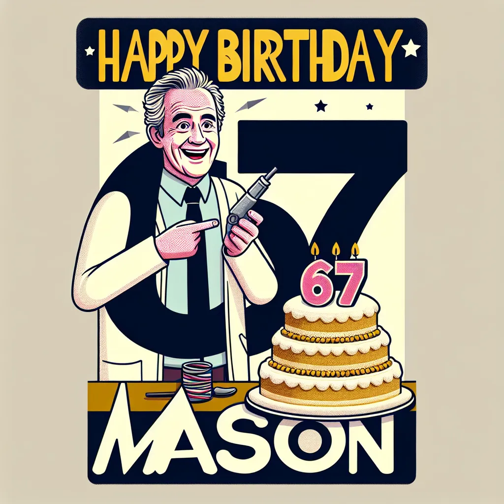 Happy 67th Birthday Mason with Cake Humorous Funny Style