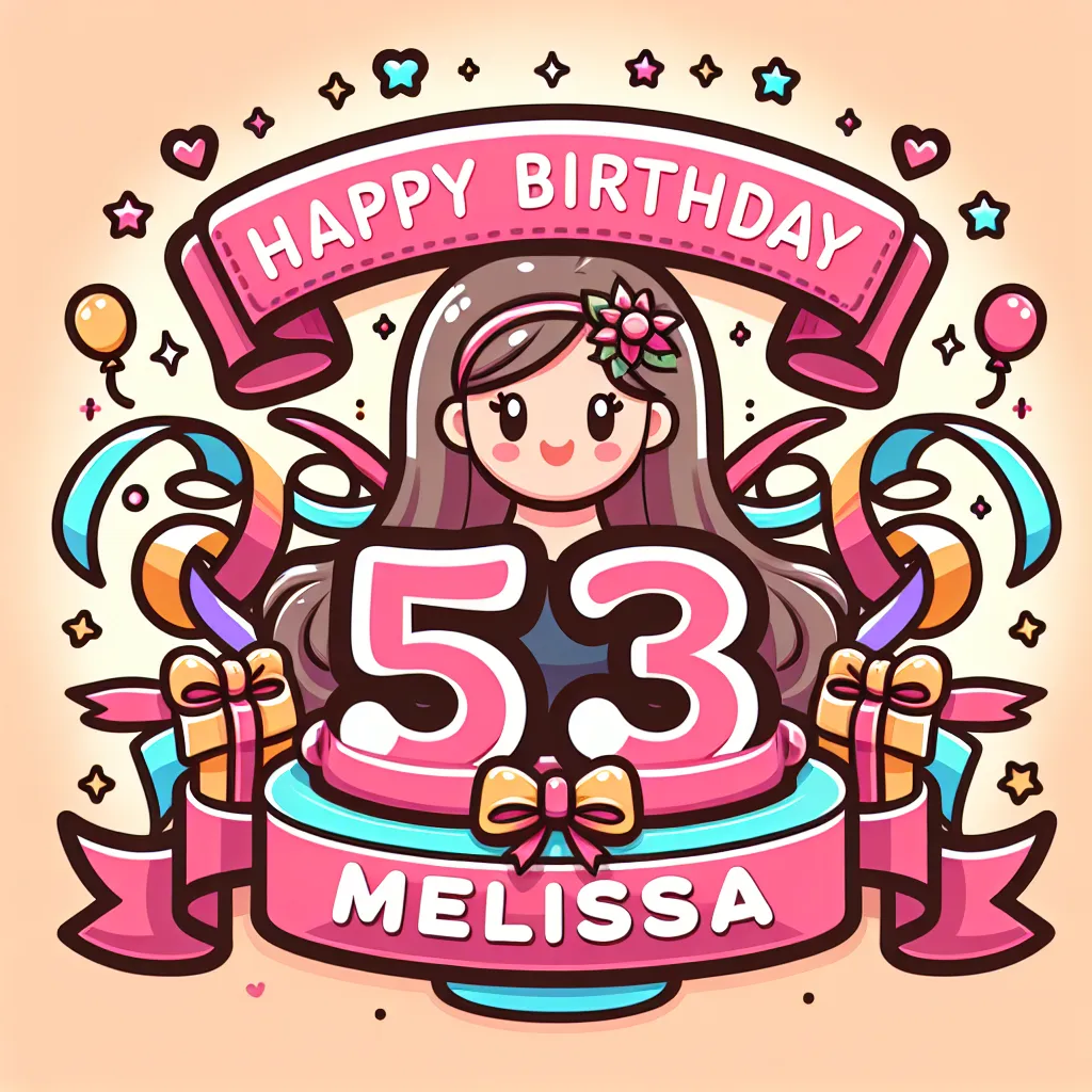 Happy 53rd Birthday Melissa with Ribbon Illustration Cartoon Style