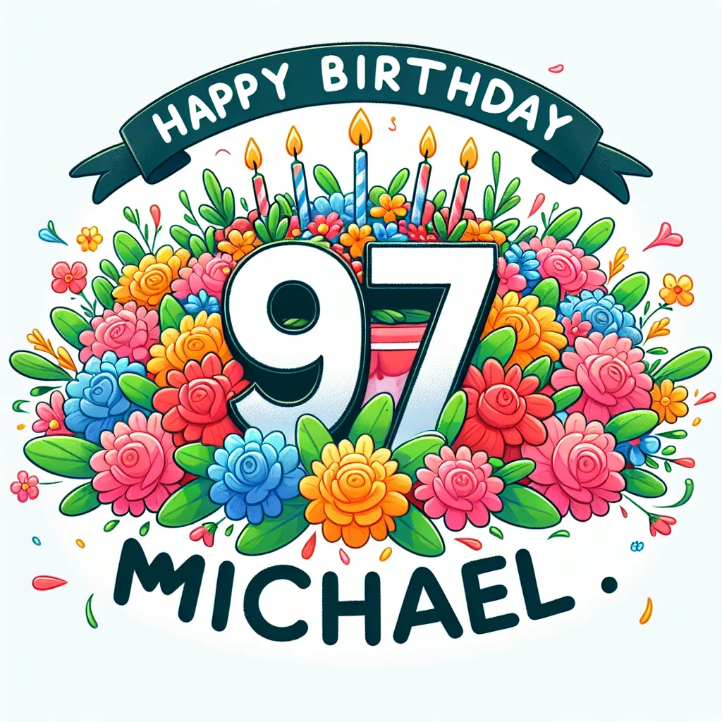 Happy 97th Birthday Michael with Flowers Illustration Cartoon Style