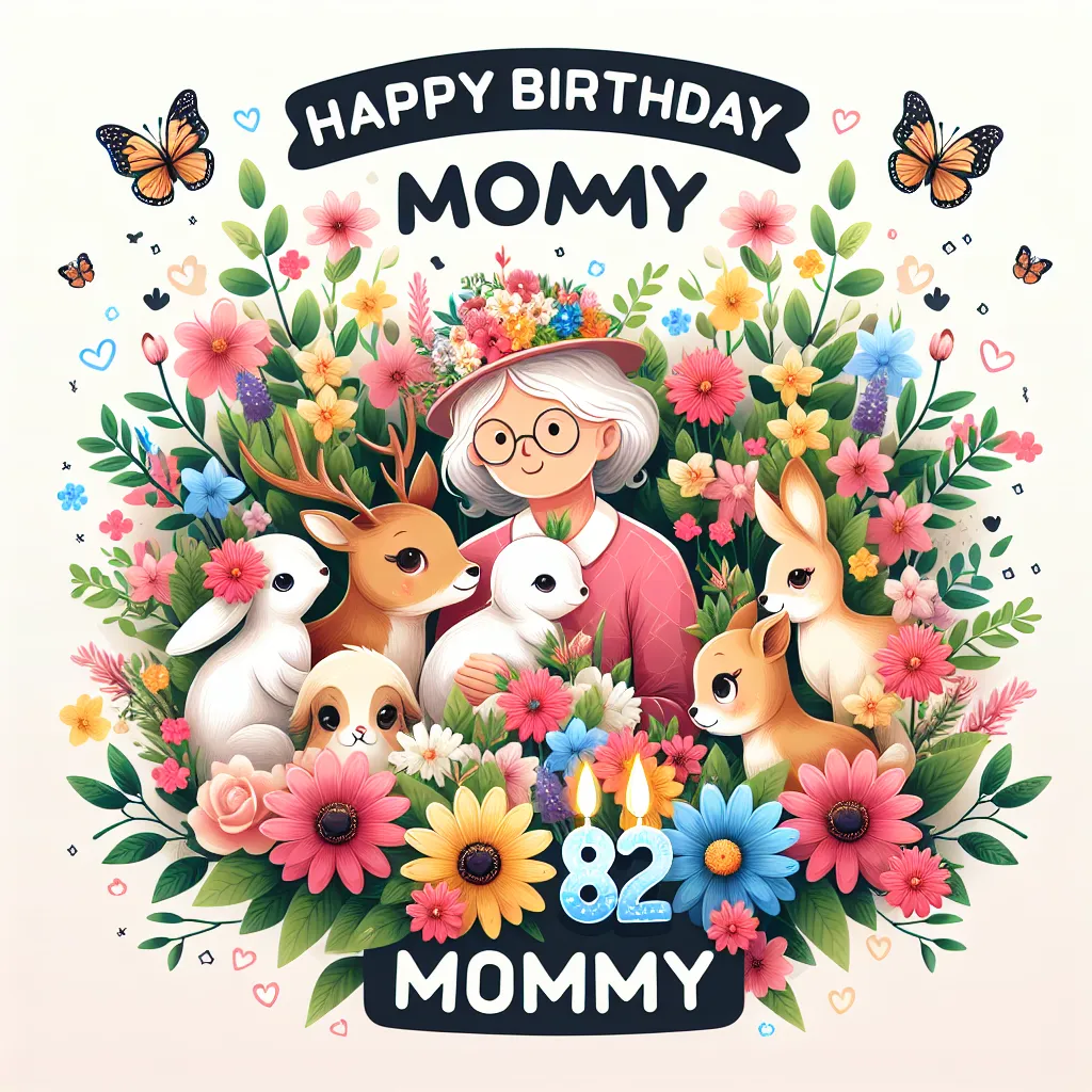 Happy 82nd Birthday Mommy with Cute Animals Nature Floral Style