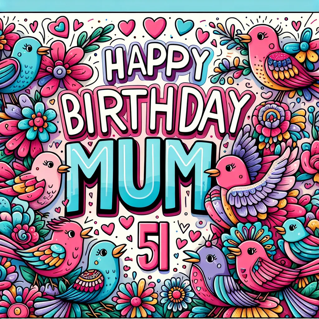 Happy 51st Birthday Mum with Birds Illustration Cartoon Style