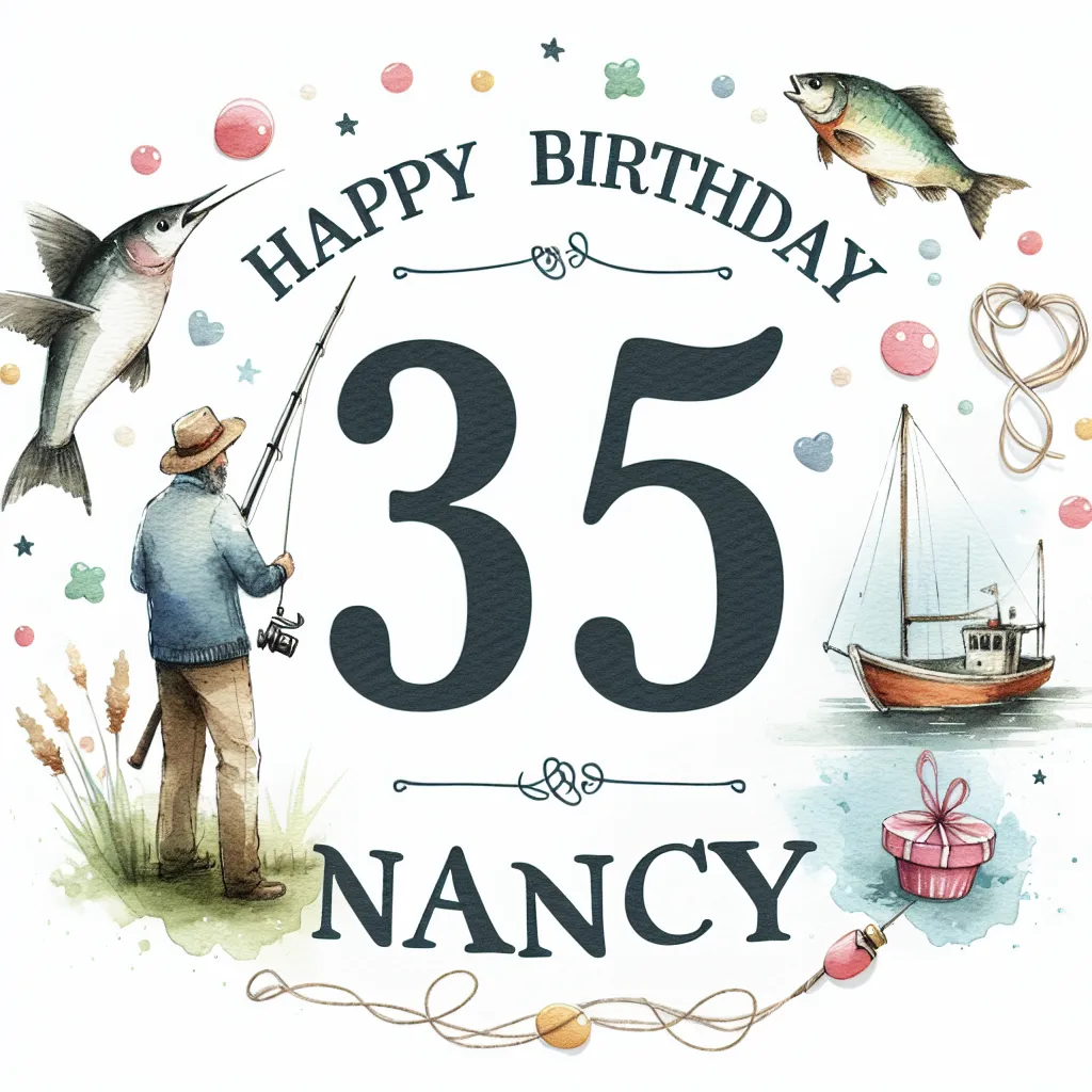 Happy 35th Birthday Nancy with Fisherman Watercolor Style