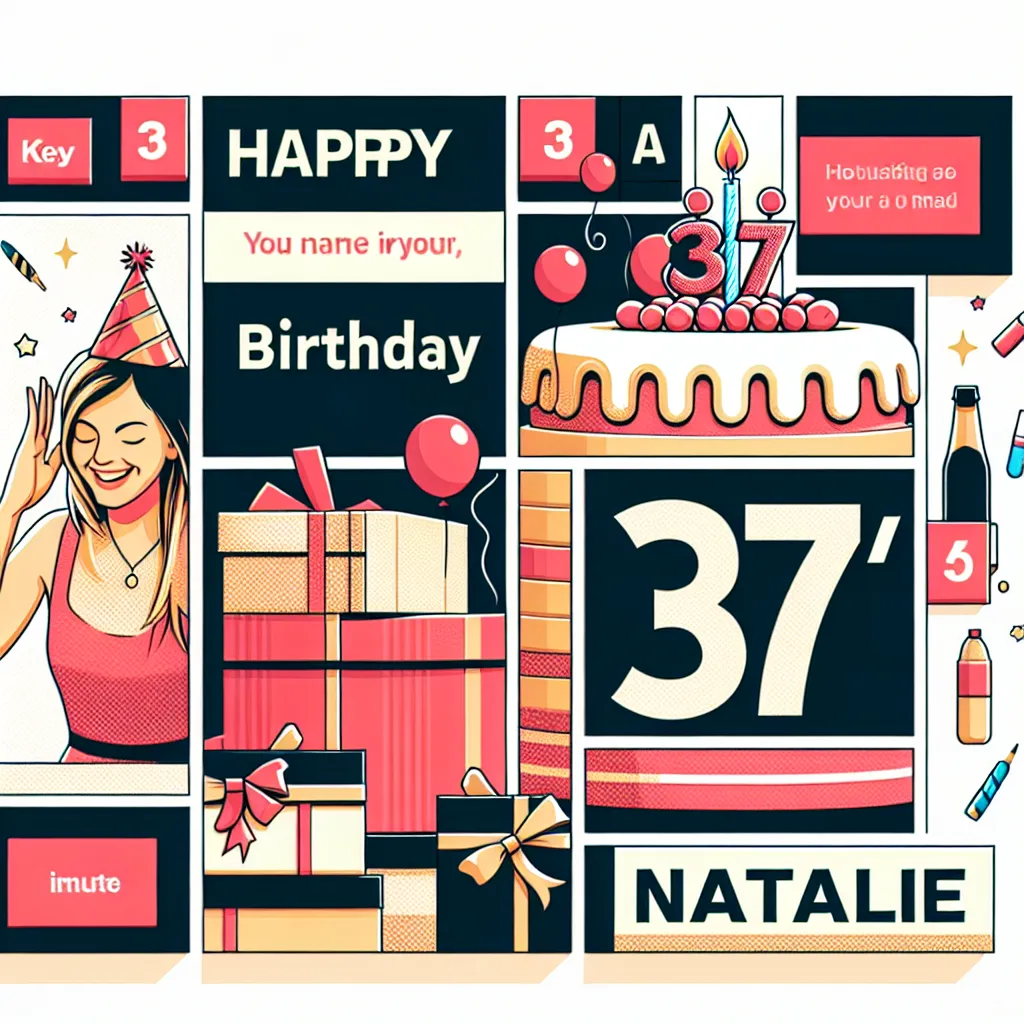 Happy 37th Birthday Natalie with Cake Illustration Cartoon Style