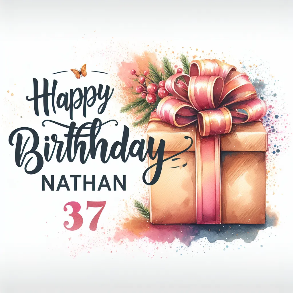 Happy 37th Birthday Nathan with Gift Watercolor Style
