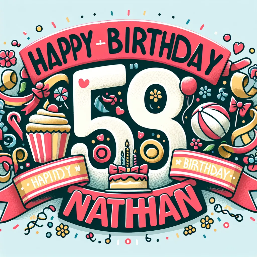 Happy 53rd Birthday Nathan with Ribbon Illustration Cartoon Style