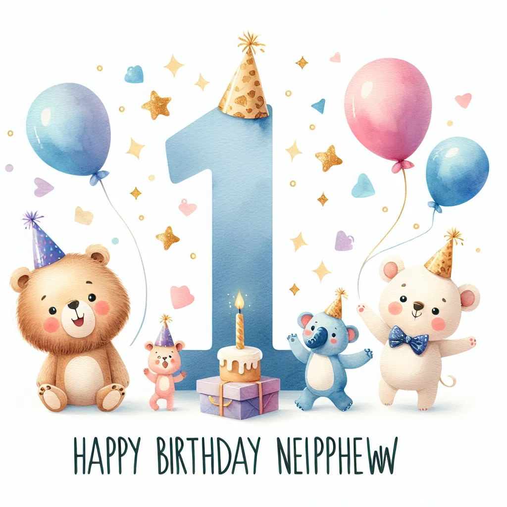 Happy 1st Birthday Nephew with Cute Animals Watercolor Style