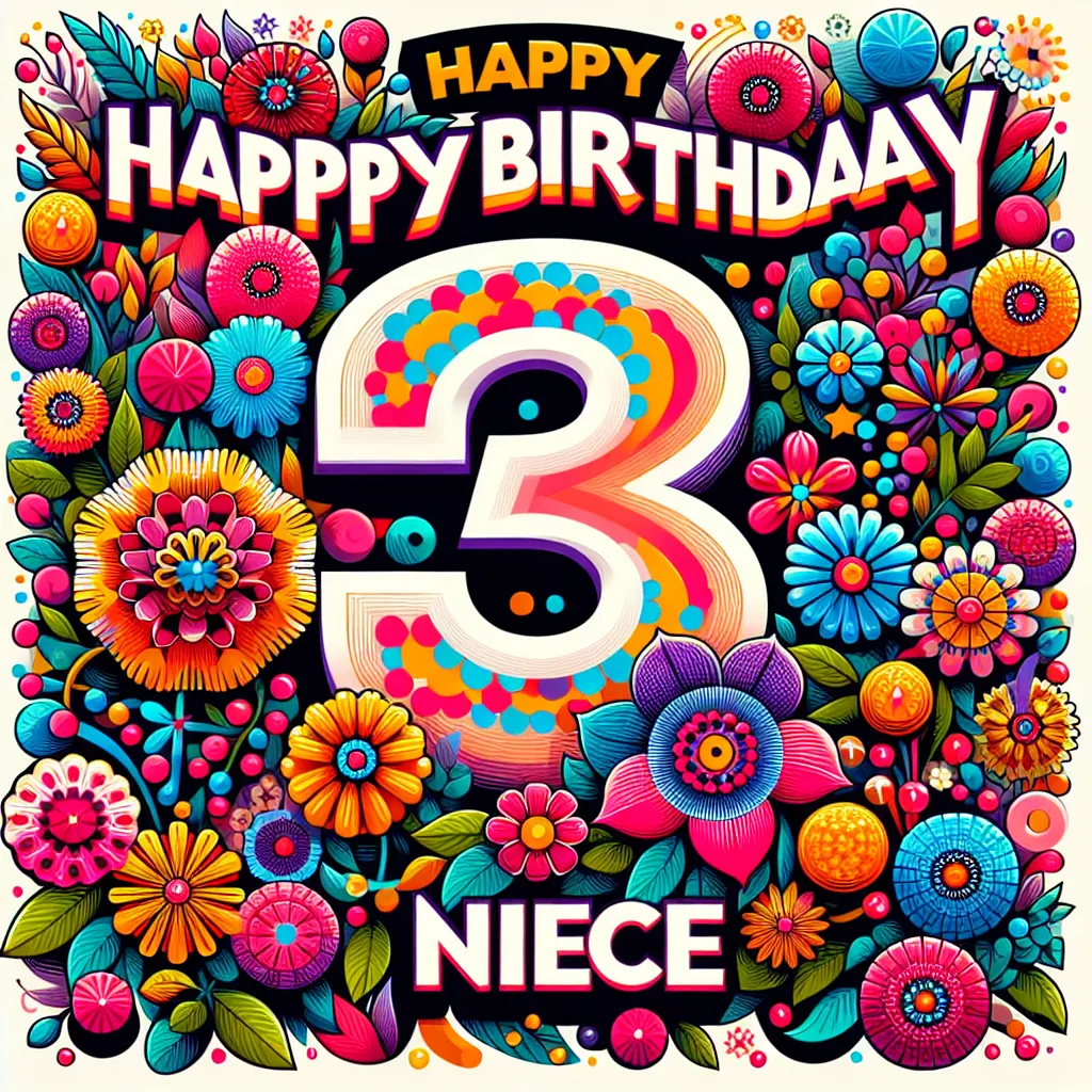 Happy 3rd Birthday Niece with Flowers Pop Art Style