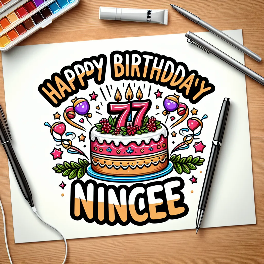 Happy 77th Birthday Niece with Cake Illustration Cartoon Style