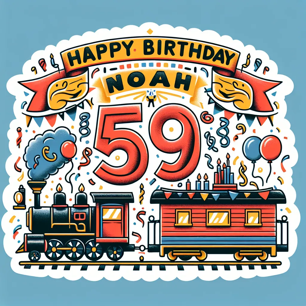Happy 59th Birthday Noah with Train Illustration Cartoon Style