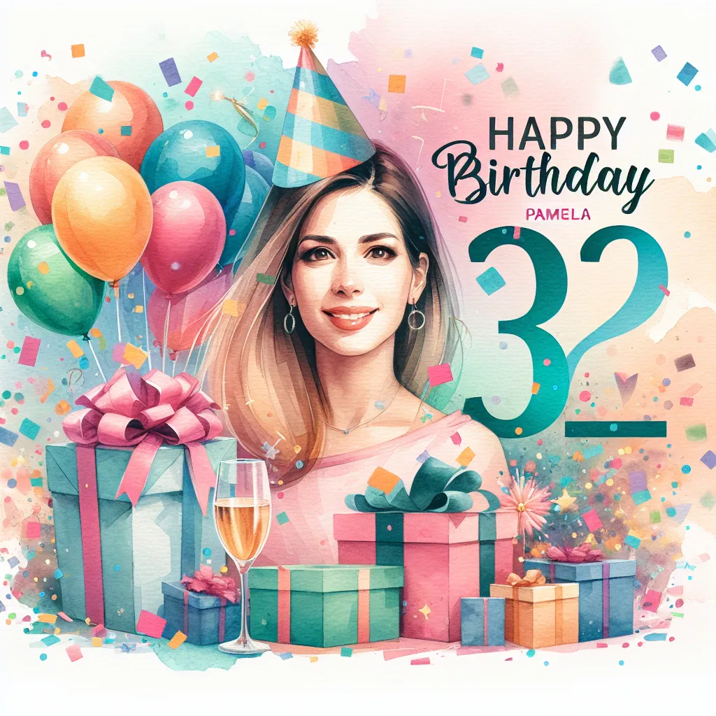 Happy 32nd Birthday Pamela with Gift Watercolor Style