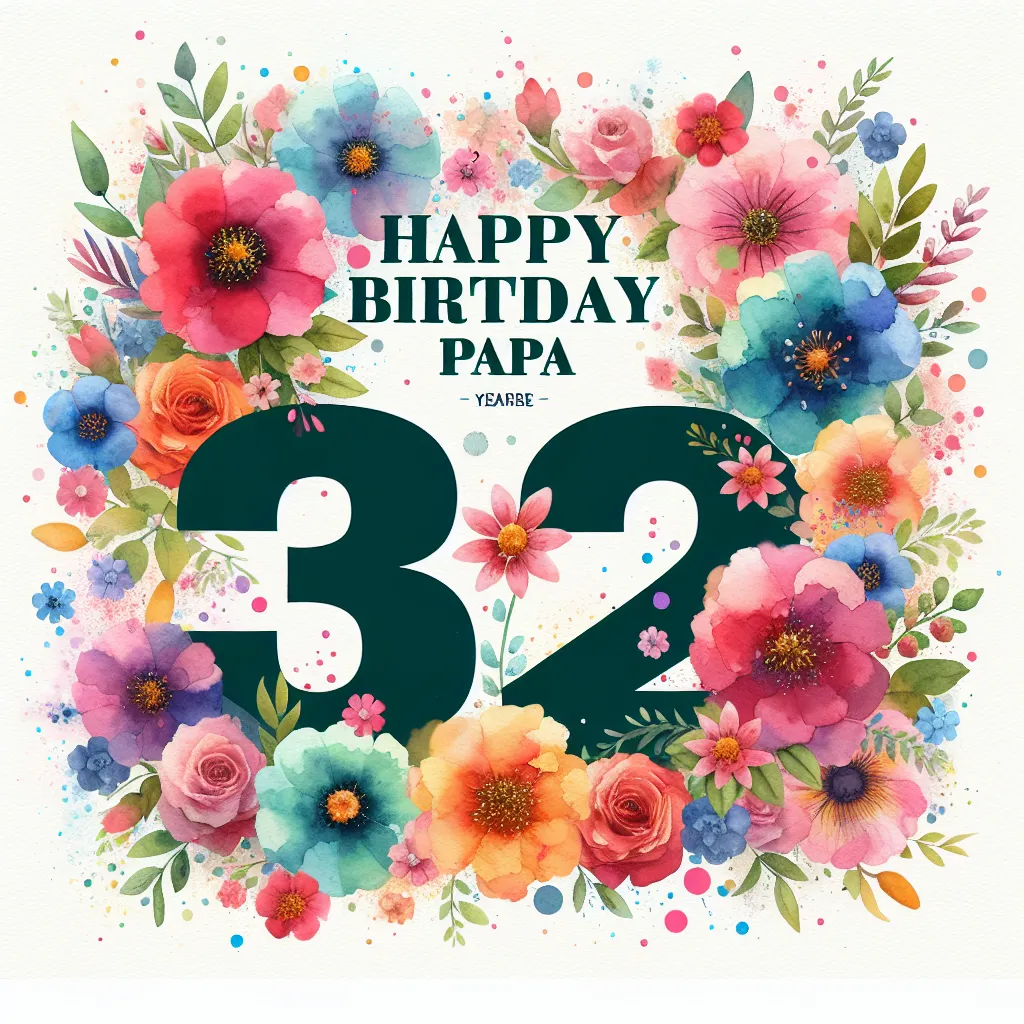 Happy 32nd Birthday Papa with Flowers Watercolor Style